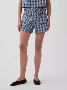 3,5″ hohe Gingham-Jeans-Shorts in lockerer, gerader Passform