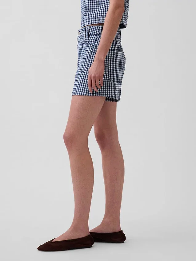 3,5" hohe Gingham-Jeans-Shorts in lockerer, gerader Passform
