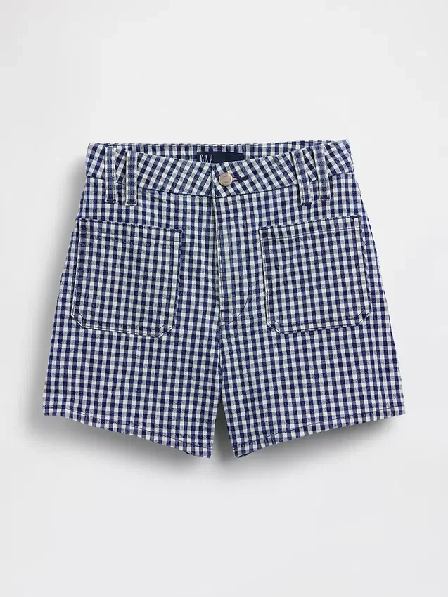 3,5" hohe Gingham-Jeans-Shorts in lockerer, gerader Passform