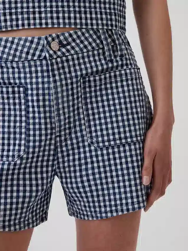 3,5" hohe Gingham-Jeans-Shorts in lockerer, gerader Passform