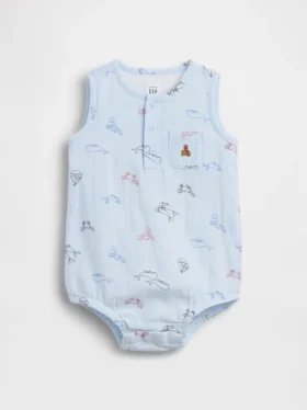 Baby-Body aus Baumwollgaze im Henley-Stil mit Tasche