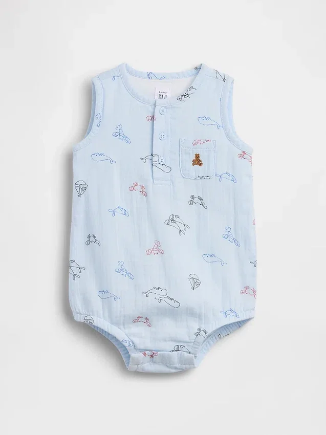 Baby-Body aus Baumwollgaze im Henley-Stil mit Tasche