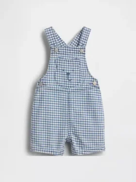 Baby-Latzhose aus Gingham-Denim mit Bären-Tasche
