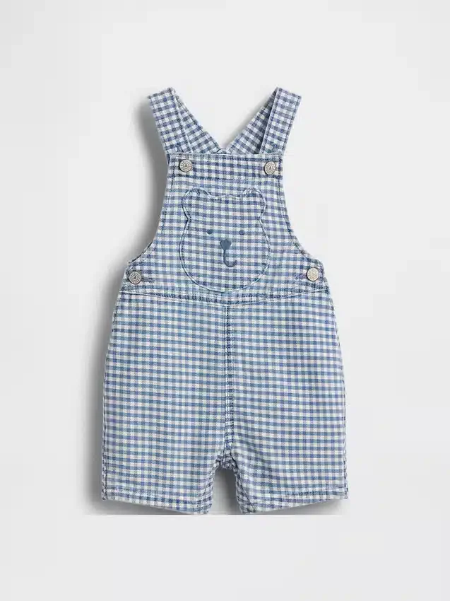 Baby-Latzhose aus Gingham-Denim mit Bären-Tasche