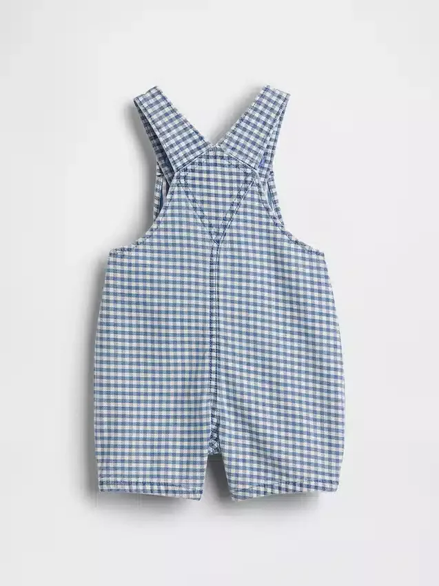 Baby-Latzhose aus Gingham-Denim mit Bären-Tasche