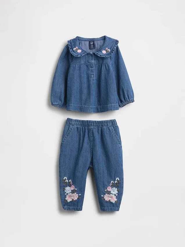 Baby-Outfit-Set aus Denim mit Blumenmuster