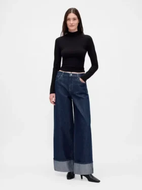 Baggy-Jeans mit mittlerer Leibhöhe, Metallic-Effekt und Umschlag