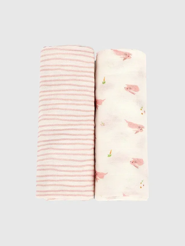 Bambus-Pucktuch-Set „Kleines Häschen und rosa Welle“