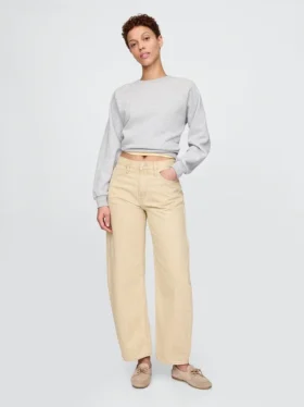 Barrel-Jeans mit hoher Leibhöhe und khakifarbenen Streifen