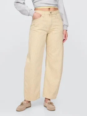 Barrel-Jeans mit hoher Leibhöhe und khakifarbenen Streifen