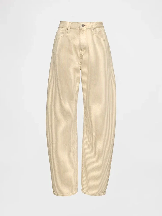 Barrel-Jeans mit hoher Leibhöhe und khakifarbenen Streifen