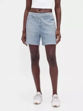Bedruckte Denim-Shorts aus Strick mit mittlerer Leibhöhe