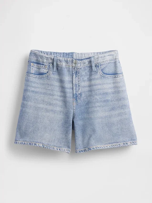 Bedruckte Denim-Shorts aus Strick mit mittlerer Leibhöhe
