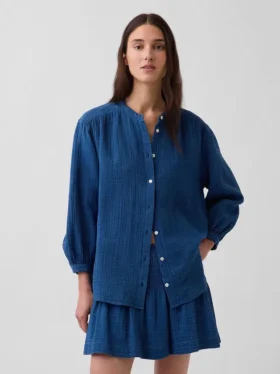 Übergroßes, kragenloses Hemd aus Baumwollgaze-Denim