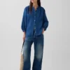 Übergroßes, kragenloses Hemd aus Baumwollgaze-Denim