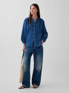 Übergroßes, kragenloses Hemd aus Baumwollgaze-Denim
