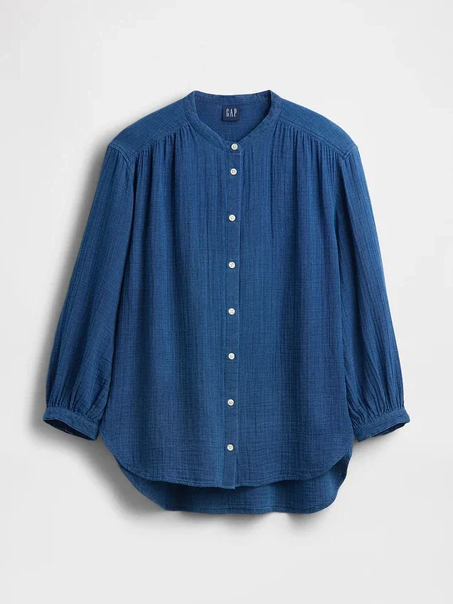 Übergroßes, kragenloses Hemd aus Baumwollgaze-Denim