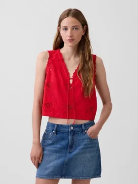 Besticktes, kurz geschnittenes Tanktop aus Leinenmischung