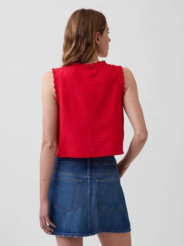 Besticktes, kurz geschnittenes Tanktop aus Leinenmischung