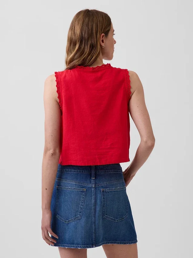 Besticktes, kurz geschnittenes Tanktop aus Leinenmischung