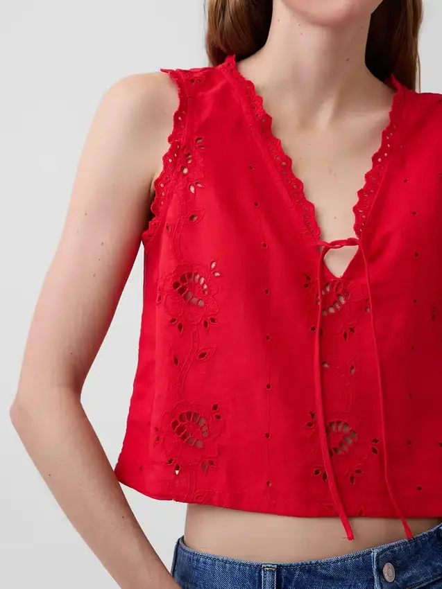 Besticktes, kurz geschnittenes Tanktop aus Leinenmischung