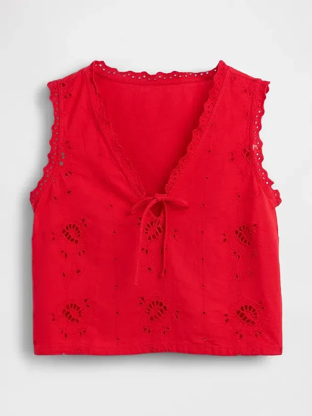 Besticktes, kurz geschnittenes Tanktop aus Leinenmischung