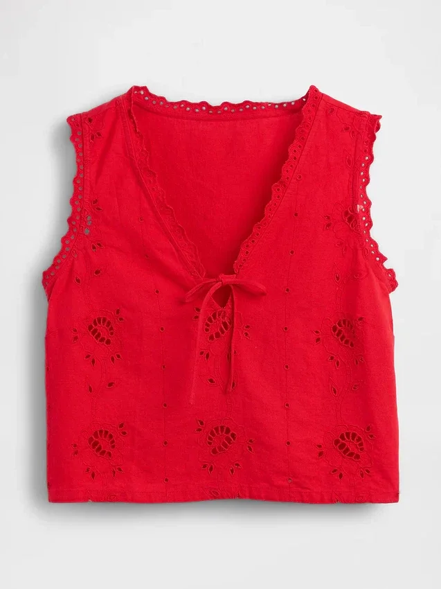 Besticktes, kurz geschnittenes Tanktop aus Leinenmischung