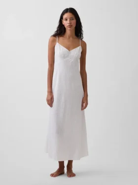 Besticktes Midikleid aus Leinenmischung