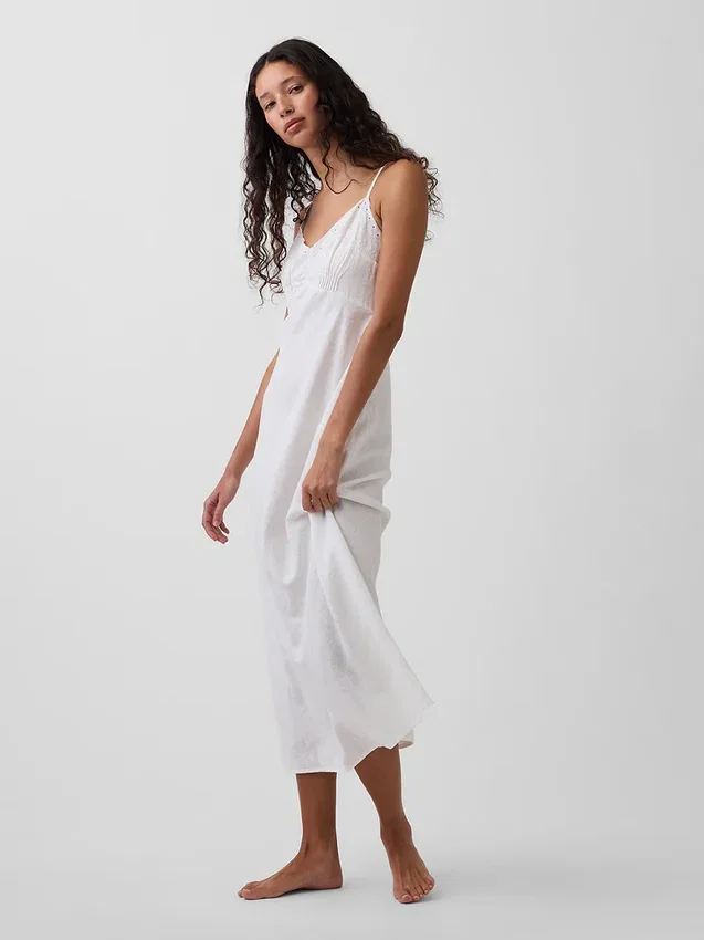 Besticktes Midikleid aus Leinenmischung