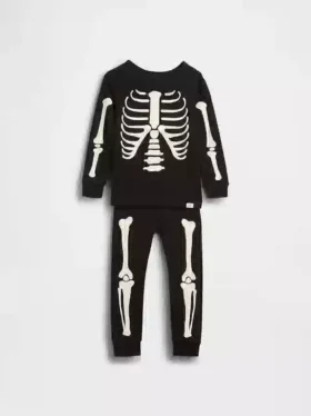 Bio-Pyjama-Set aus gebürsteter Baumwolle für Kinder und Babys mit im Dunkeln leuchtendem Skelett-Motiv