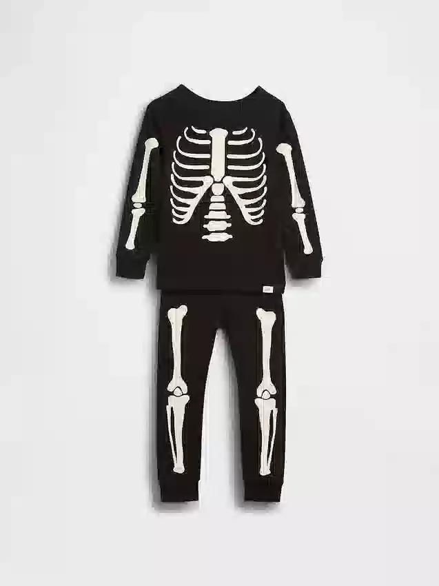 Bio-Pyjama-Set aus gebürsteter Baumwolle für Kinder und Babys mit im Dunkeln leuchtendem Skelett-Motiv