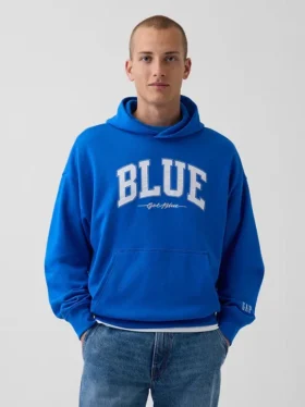 Blauer, schwerer French-Terry-Hoodie mit Logo