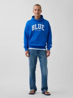 Blauer, schwerer French-Terry-Hoodie mit Logo