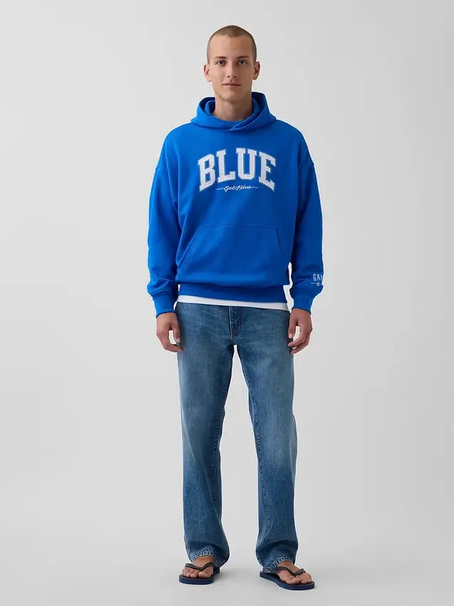 Blauer, schwerer French-Terry-Hoodie mit Logo