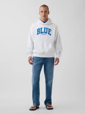 Blauer, schwerer French-Terry-Hoodie mit Logo
