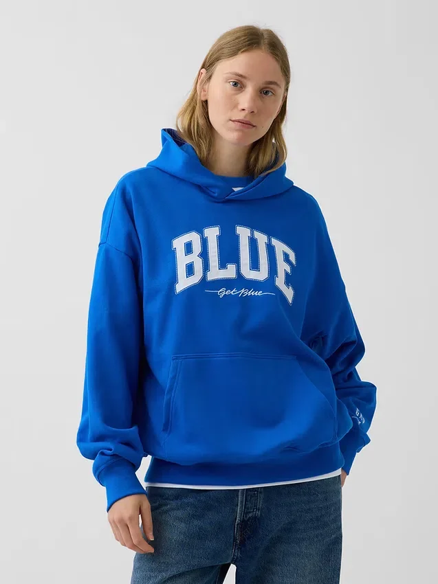 Blauer, schwerer French-Terry-Hoodie mit Logo