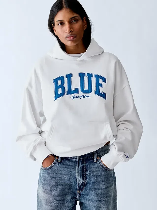 Blauer, schwerer French-Terry-Hoodie mit Logo