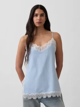 Cami aus Leinenmischung mit Spitzenbesatz