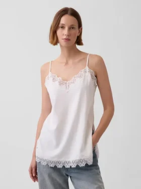 Cami aus Leinenmischung mit Spitzenbesatz