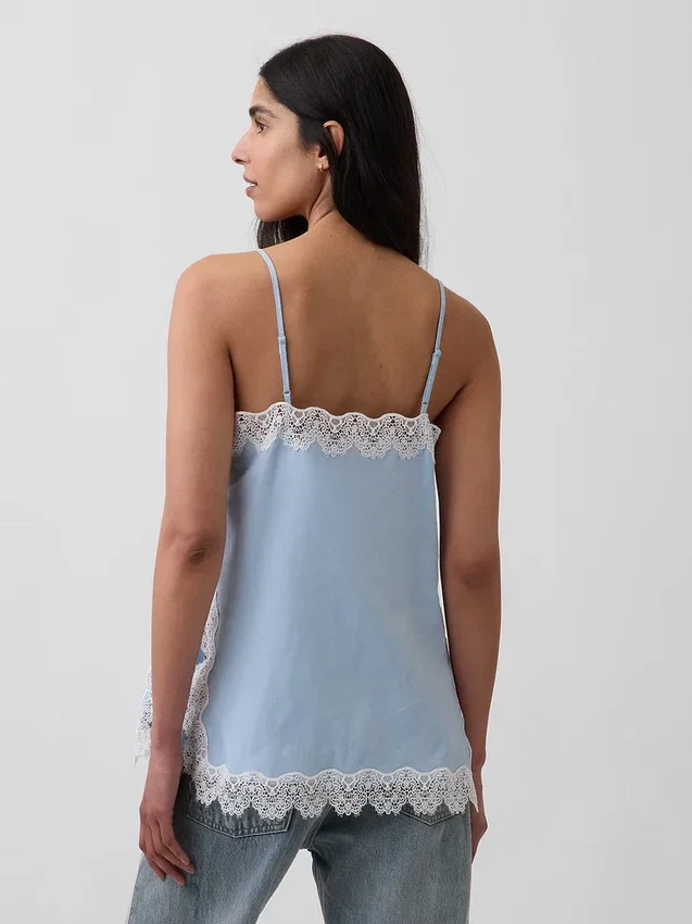 Cami aus Leinenmischung mit Spitzenbesatz