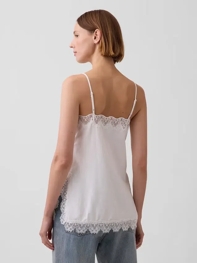 Cami aus Leinenmischung mit Spitzenbesatz