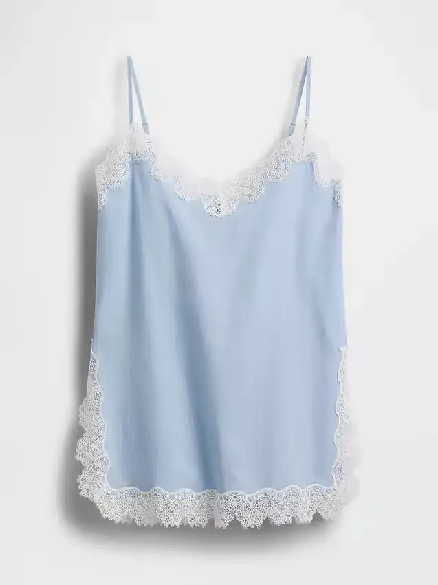 Cami aus Leinenmischung mit Spitzenbesatz