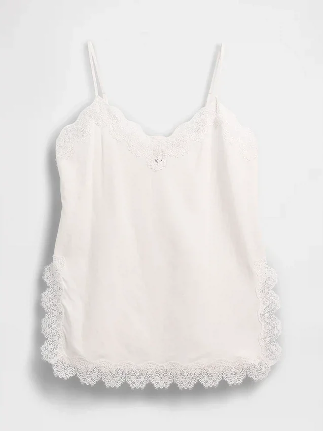 Cami aus Leinenmischung mit Spitzenbesatz