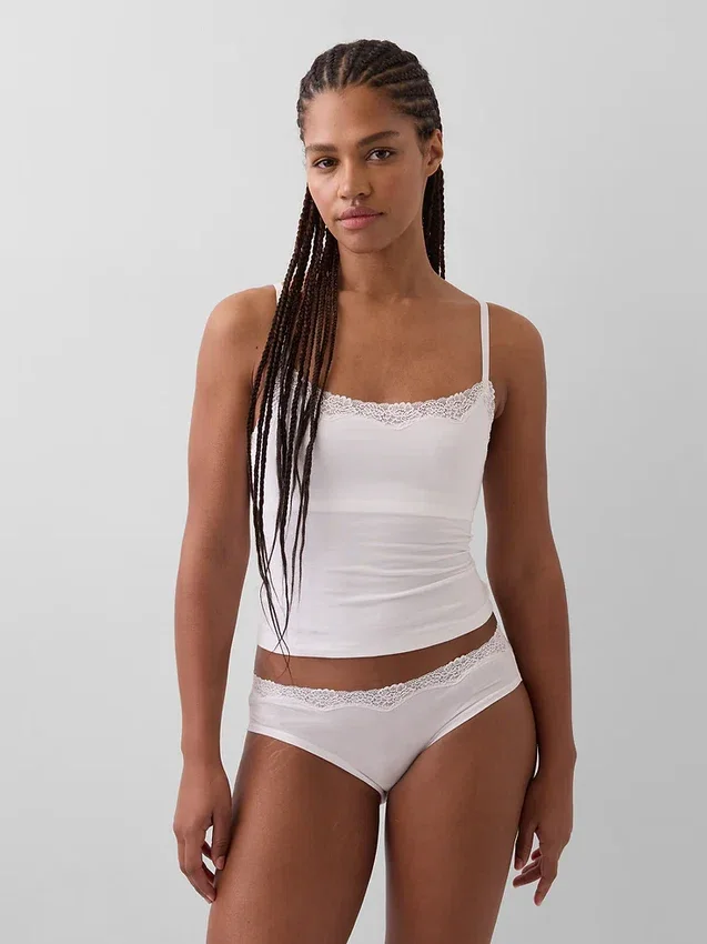 Cami-Top mit integrierten BH-Einsätzen aus Bio-Stretch-Baumwolle mit Spitzenbesatz