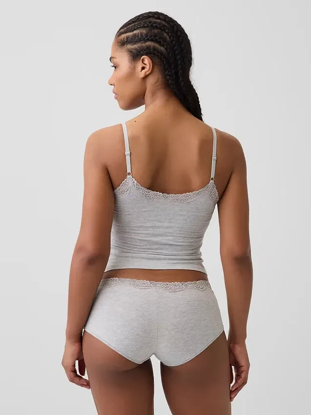 Cami-Top mit integrierten BH-Einsätzen aus Bio-Stretch-Baumwolle mit Spitzenbesatz