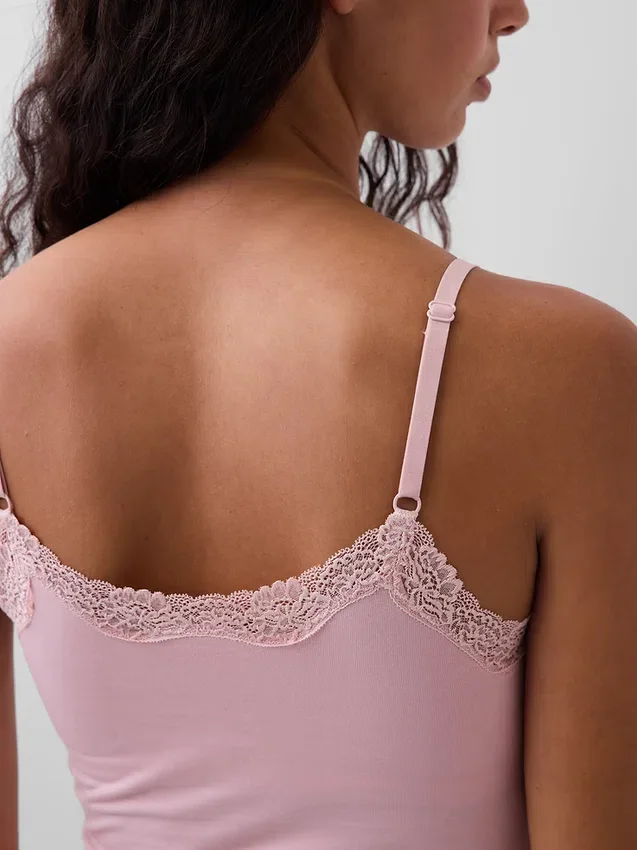 Cami-Top mit integrierten BH-Einsätzen aus Bio-Stretch-Baumwolle mit Spitzenbesatz