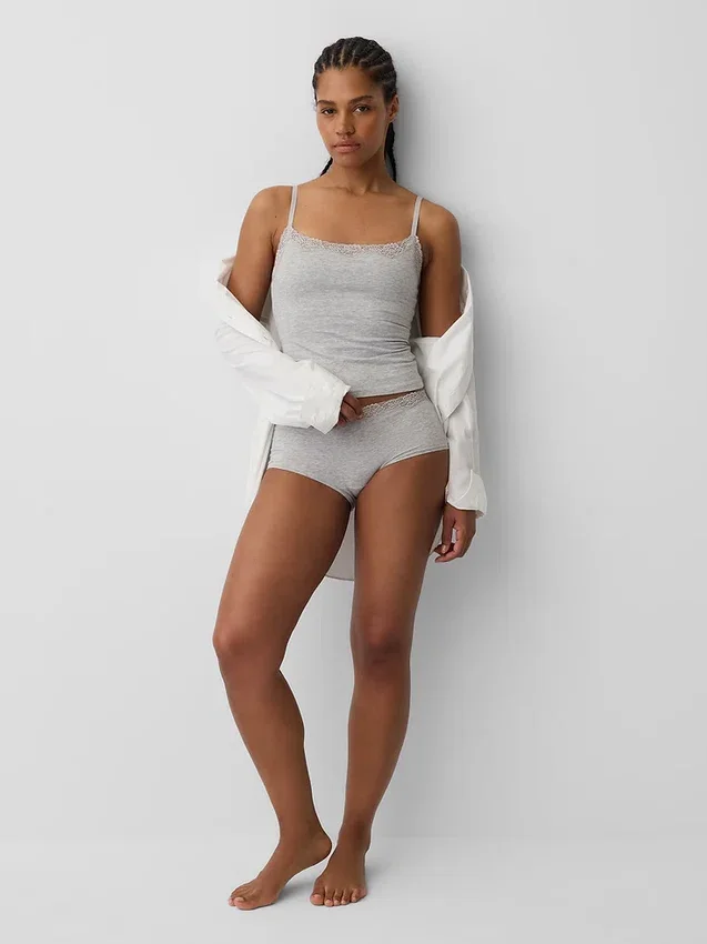 Cami-Top mit integrierten BH-Einsätzen aus Bio-Stretch-Baumwolle mit Spitzenbesatz