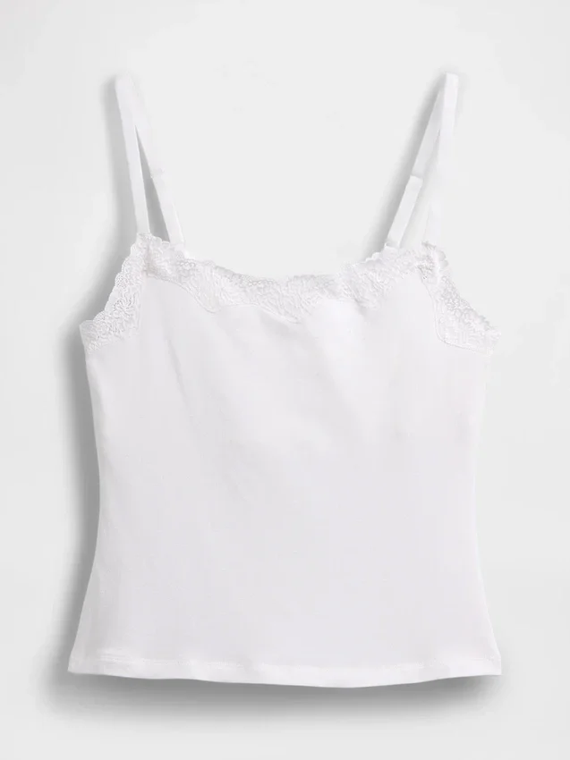 Cami-Top mit integrierten BH-Einsätzen aus Bio-Stretch-Baumwolle mit Spitzenbesatz