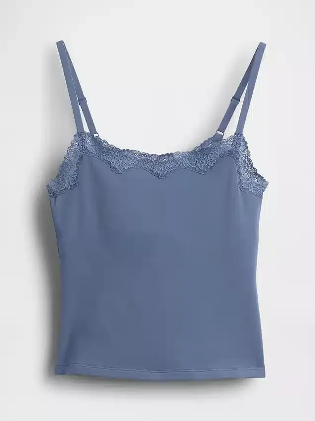 Cami-Top mit integrierten BH-Einsätzen aus Bio-Stretch-Baumwolle mit Spitzenbesatz
