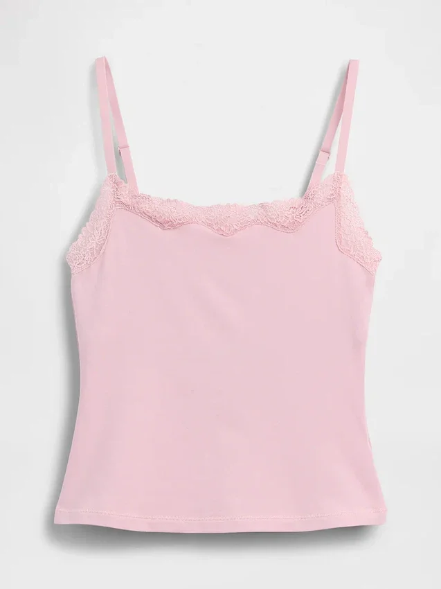 Cami-Top mit integrierten BH-Einsätzen aus Bio-Stretch-Baumwolle mit Spitzenbesatz
